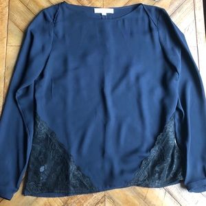 LOFT Blouse Mixed Media Lace Black Blue